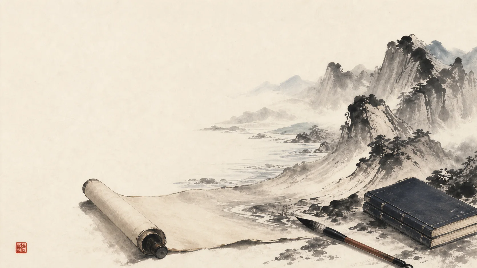 水墨古卷舒展开来，化作层山与江流