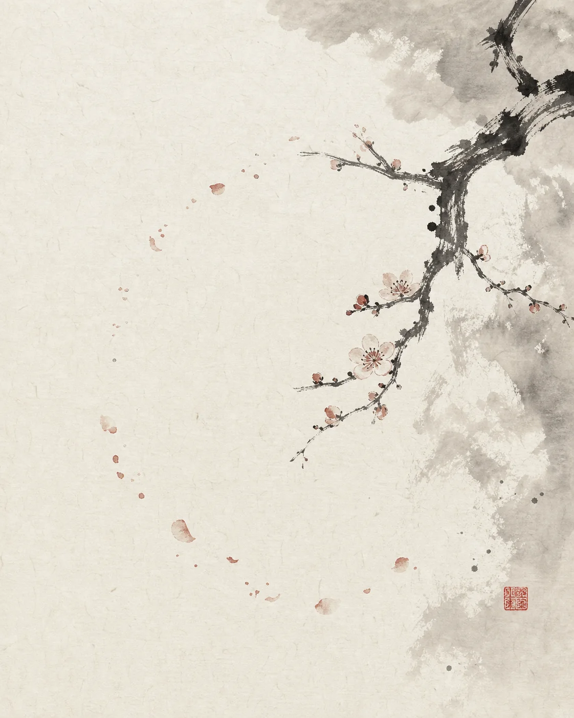 水墨老梅从右上探入，花瓣随风散落